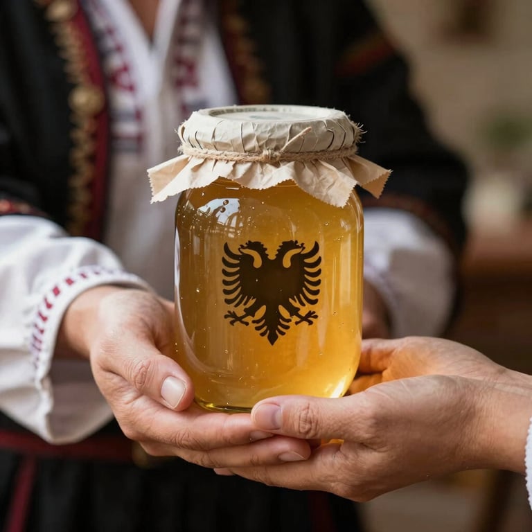 A jar of pure wildflower honey being handed over as a gift, reflecting traditional Albanian hospitality.