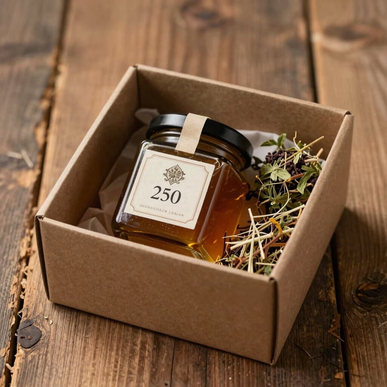 Artisan gift box containing a 250ml honey jar and dried mountain herbs on a rustic wood background.