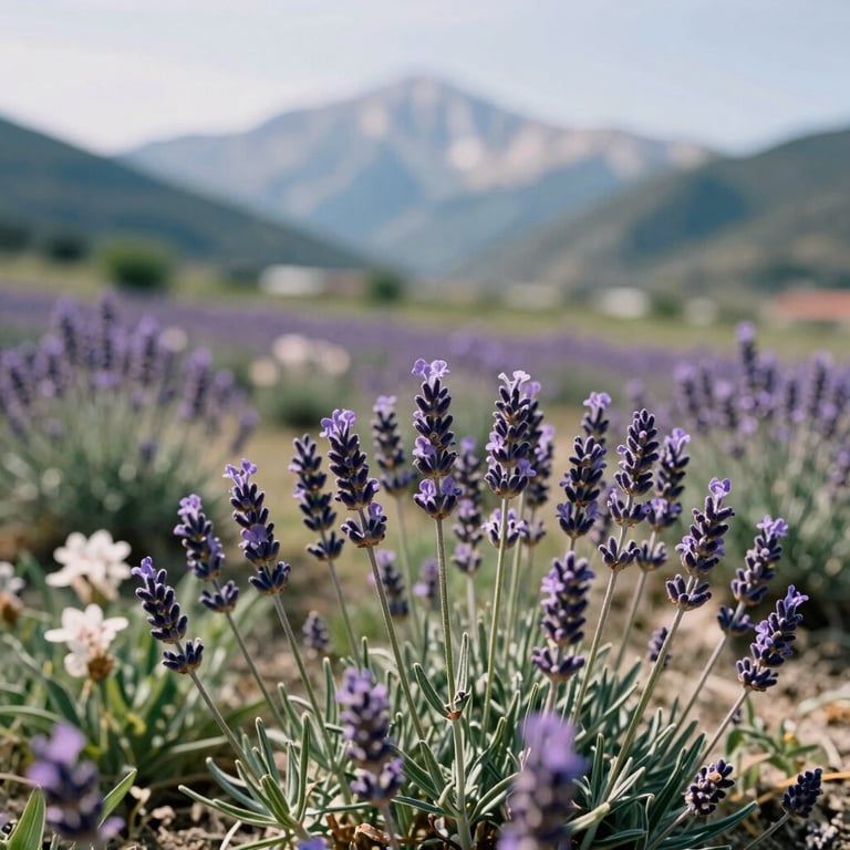 Wildflower lavender and mountain blossoms in a bright, sun-drenched field in Albania.