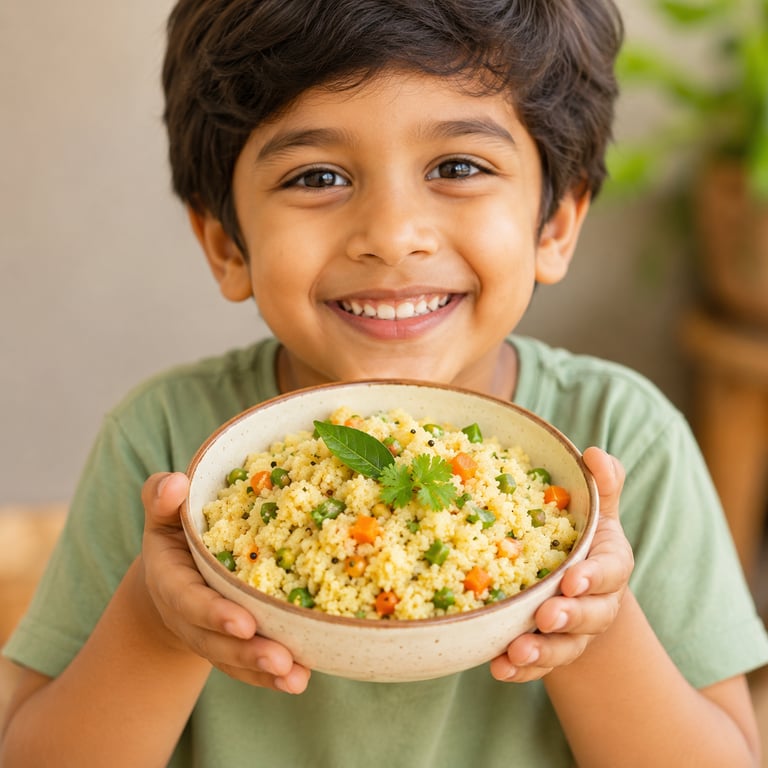 A smiling young boy holding a ceramic bowl of healthy vegetable upma with peas and carrots.