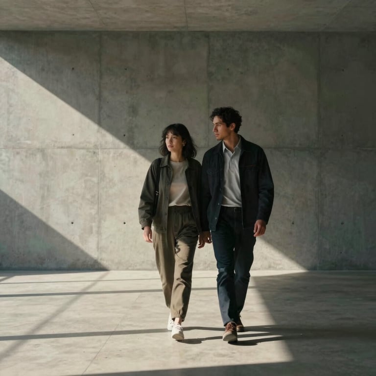 Cinematic medium shot of a modern couple walking through a minimalist concrete space, dramatic light and shadow, editorial style