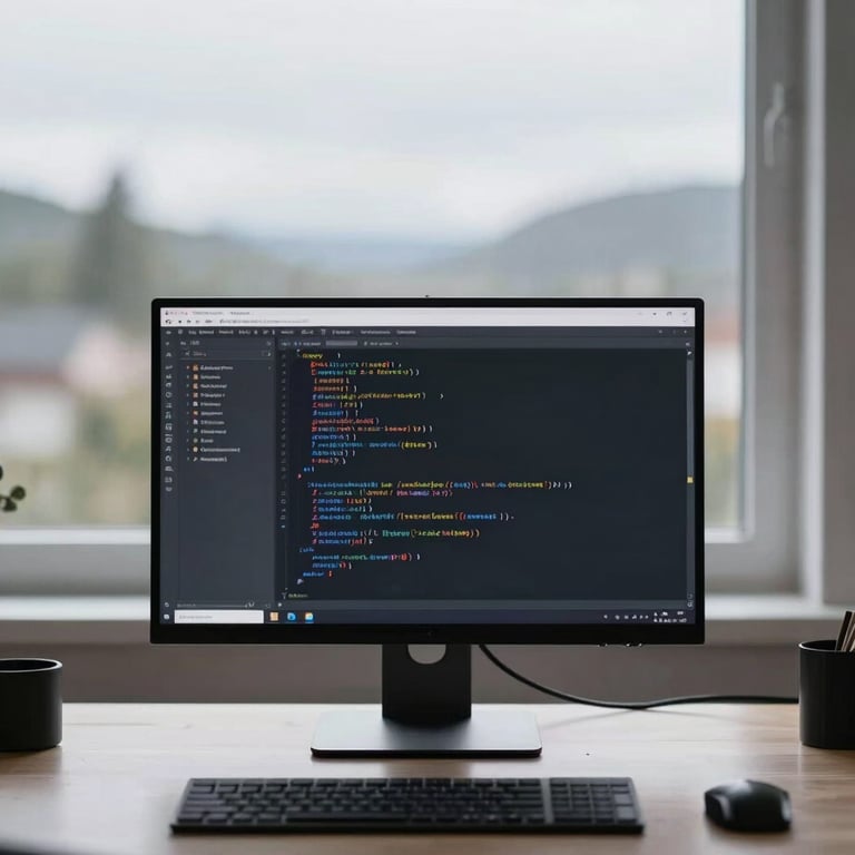 Minimalist desk setup with a high-resolution screen showing clean code in soft focus, diffused overcast Nordic daylight, architectural framing.
