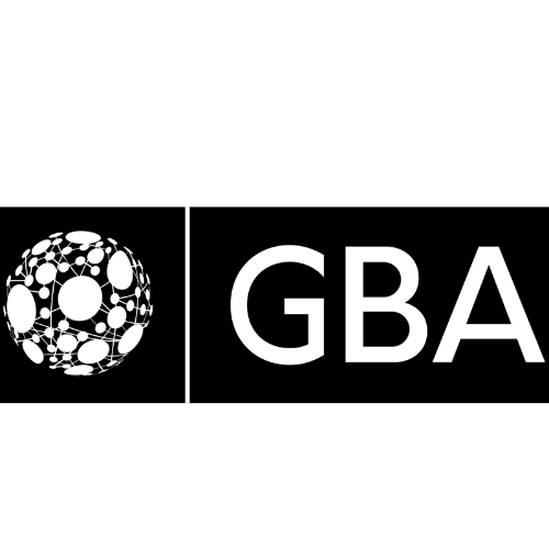 White GBA logo with a network sphere icon representing a global blockchain association on a black background.