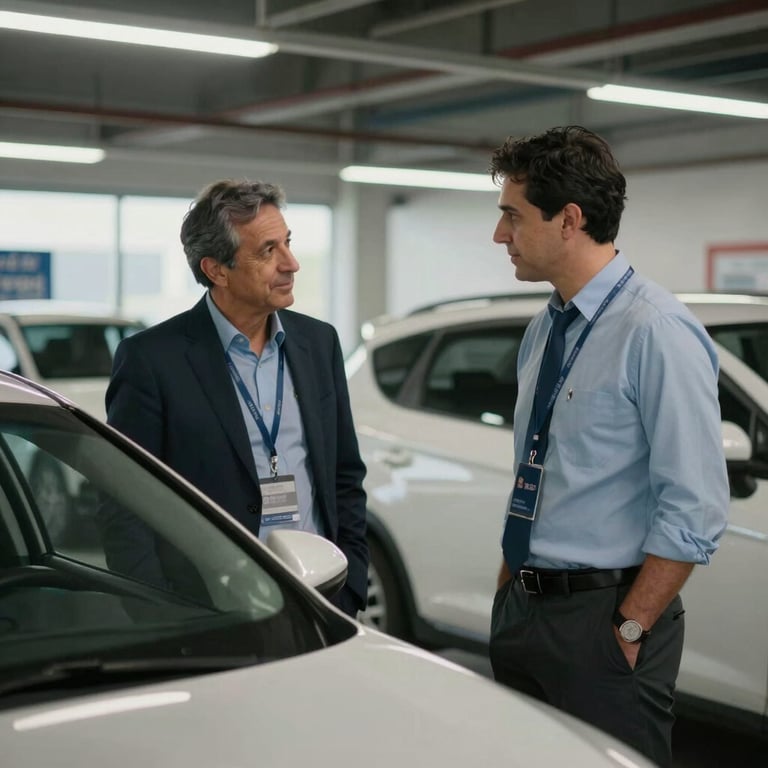 Dos conductores profesionales conversando amablemente junto a sus vehículos en un estacionamiento corporativo, transmitiendo compañerismo y confianza.
