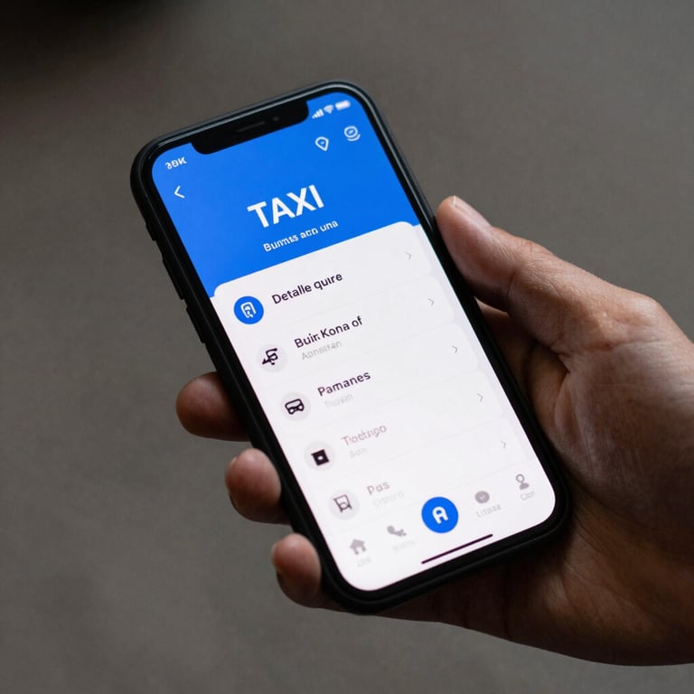 Detalle de una mano sosteniendo un celular con la aplicación de taxi abierta, mostrando una interfaz intuitiva y profesional en azul y blanco.