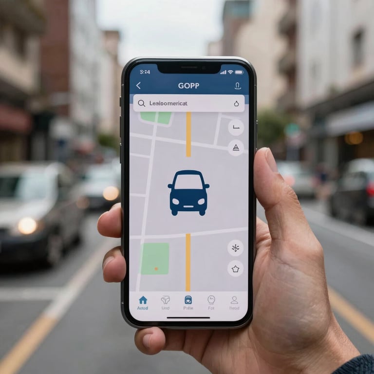 Un smartphone moderno mostrando una ruta de GPS en tiempo real con un icono de vehículo azul oscuro, sobre un fondo desenfocado de ciudad latinoamericana.