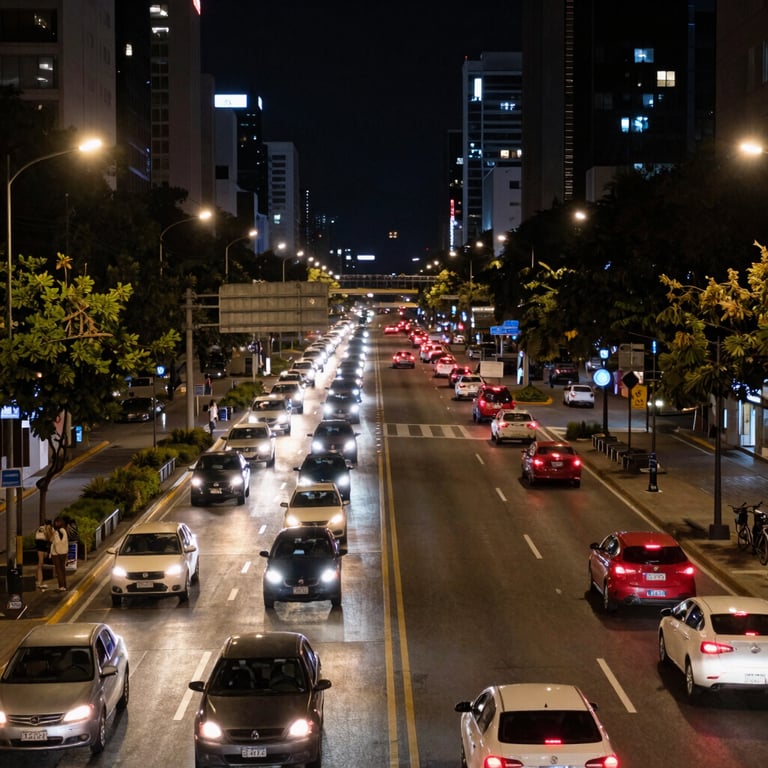 Vista nocturna de una avenida principal iluminada con las luces de los autos fluyendo con eficiencia, capturando el dinamismo de la urbe.