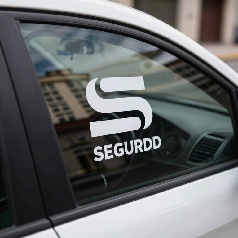 Primer plano de un logo de transporte seguro en la ventana de un auto limpio, reflejando edificios modernos de arquitectura hispana.
