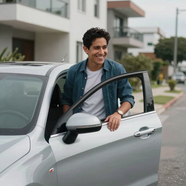 Un pasajero Latinoamericano sonriendo mientras aborda un sedán plateado en una zona residencial moderna y limpia.