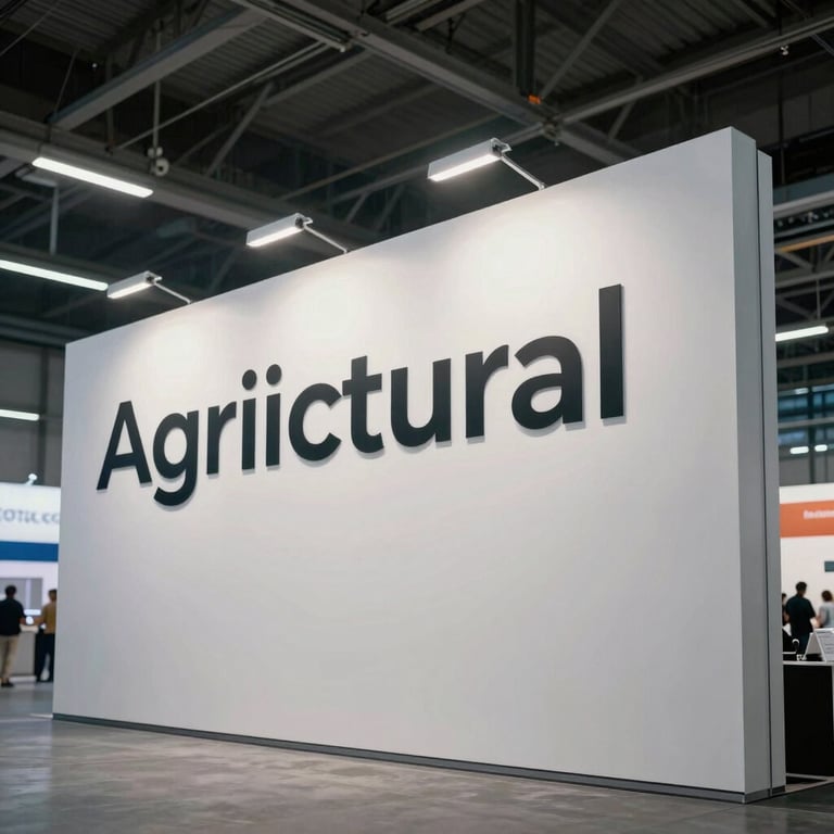 Large agricultural exhibition hall with modern signage in a clean and sophisticated presentation.