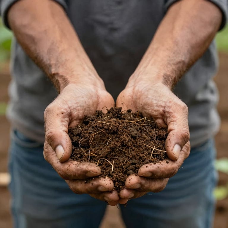 Close up of professional hands holding rich soil on a Brazilian farm, representing heritage and growth.