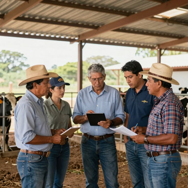 Group of professional agronomists in South American attire discussing livestock data in a modern rustic facility.