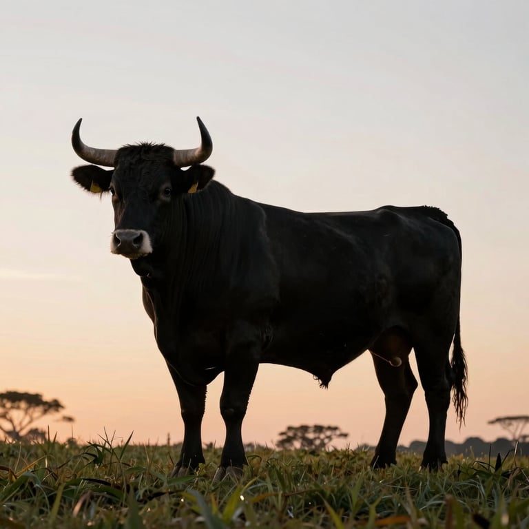 A black Angus bull standing on a hill silhouette against a soft sunrise in the Brazilian southern fields.