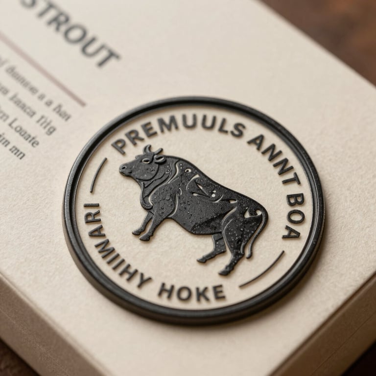 Close-up of a premium Angus beef certification stamp on elegant high-quality packaging.