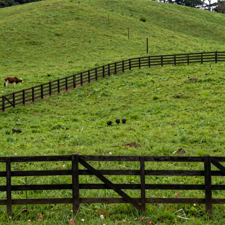 Vibrant green pastures of Rio Grande do Sul with a traditional wooden fence and distant cattle.