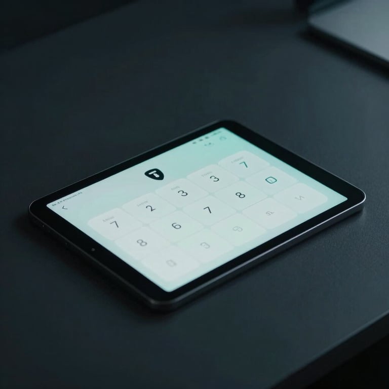 Close-up of a sleek minimalist digital tablet displaying a 7-day security badge, moody low-key ambient light, electric teal accents, sharp focus.