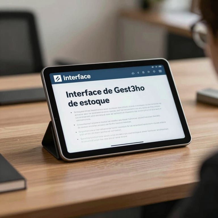 Interface digital de gest3o de estoque em um tablet sobre mesa de escrit3rio profissional.