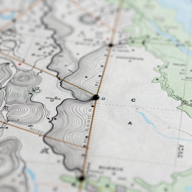 A detailed close-up of a printed cartographic map featuring contour lines and technical annotations.