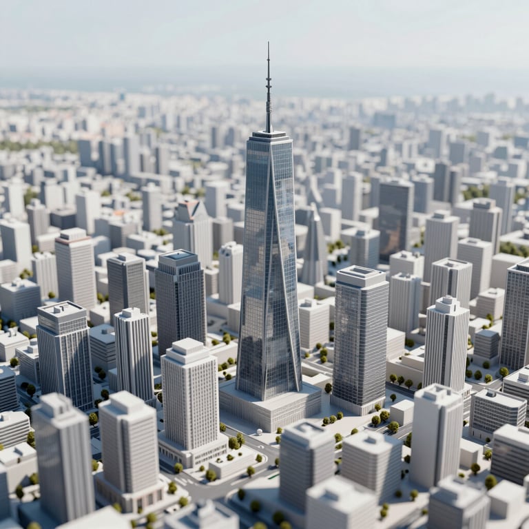 A 3D mesh model of a cityscape generated from geodetic data, showing high precision and modern technology.