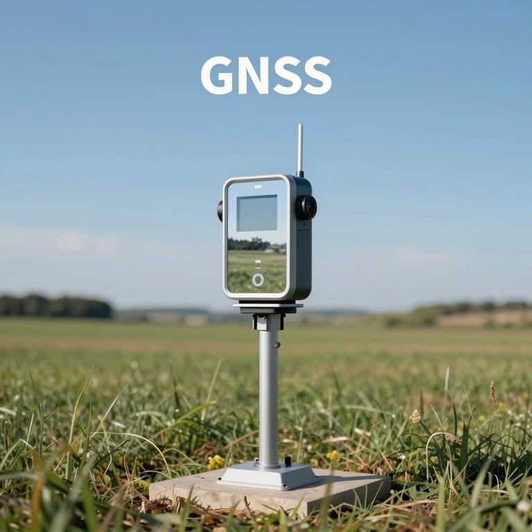 A geodetic GNSS receiver station set up in a rural field during a clear day. The branding palette is reflected in the blue sky and green grass.