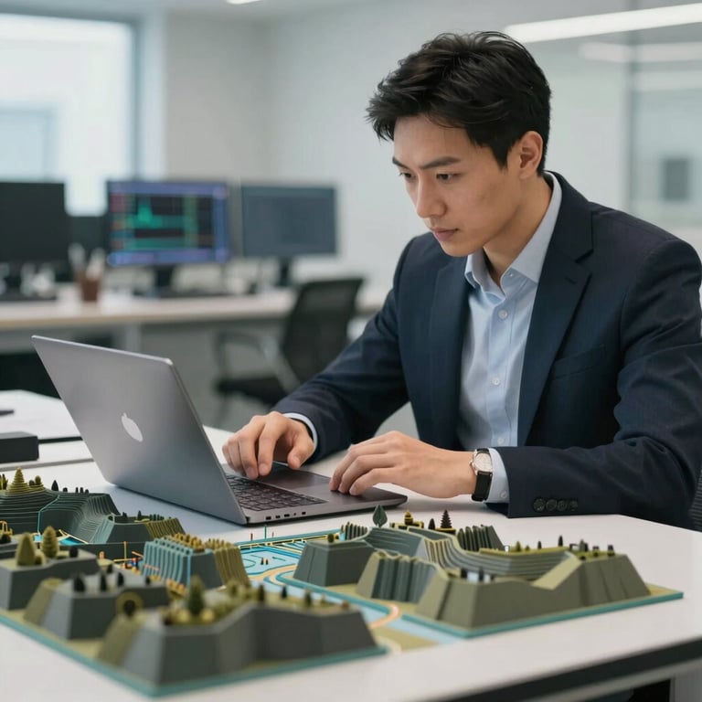 An engineer analyzing a complex 3D terrain model on a laptop with a professional and focused expression.