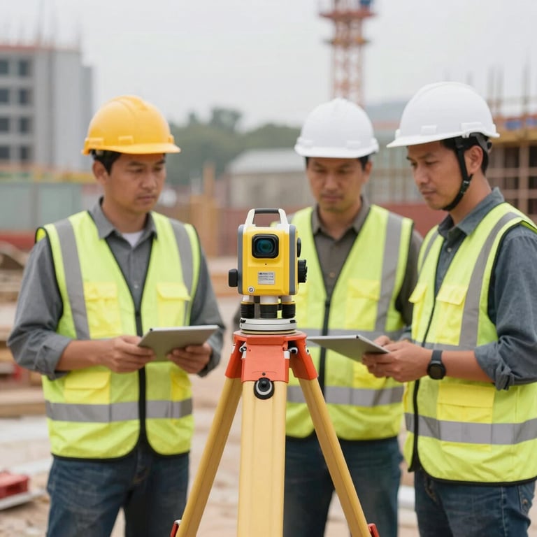Surveyors working together at a construction site with modern laser levels and leveling rods, representing reliability.