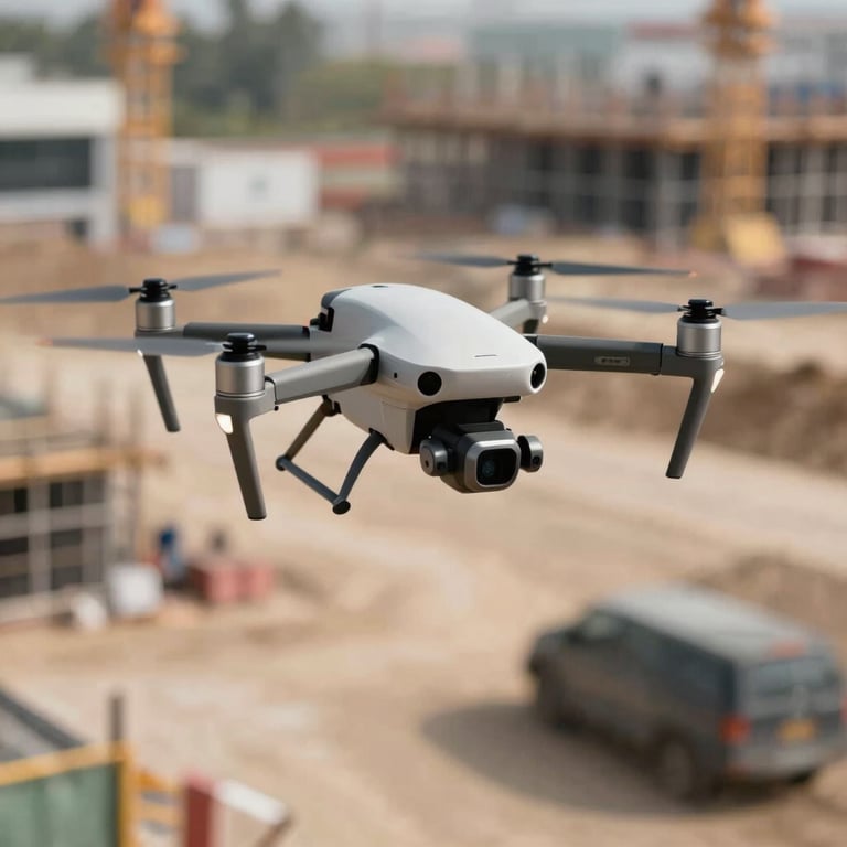A high-tech professional drone equipped with LIDAR sensors for topographic mapping flying over a construction site.