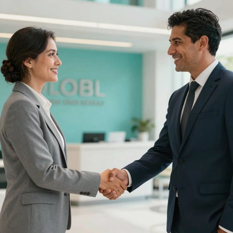 Two business partners shaking hands in a bright, modern Latinoamericano / Global Hispanohablante lobby, professional atmosphere with vibrant teal and soft light gray environment.