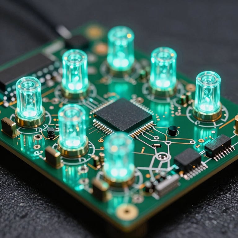 Macro photography of shimmering digital hardware components with glowing vibrant teal LED lights representing crypto mining technology.