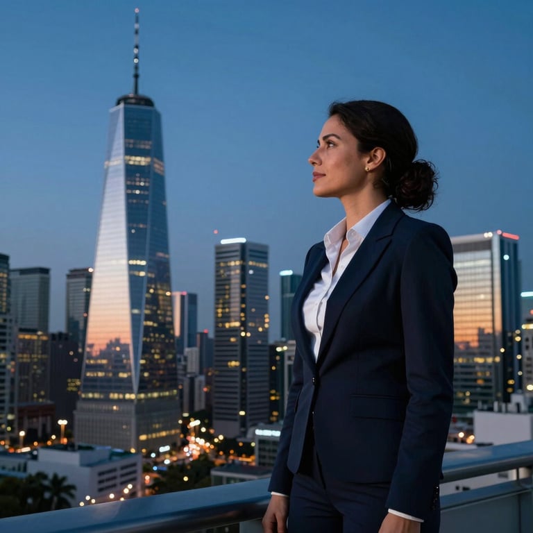 A professional woman in business attire looking out over a futuristic Latinoamericano / Global Hispanohablante city skyline at dusk, reflections of deep midnight blue.