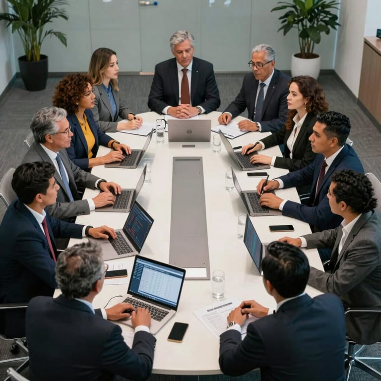 High-angle shot of a group of diverse professionals in a Latinoamericano / Global Hispanohablante financial hub discussing trading strategies around a large conference table.