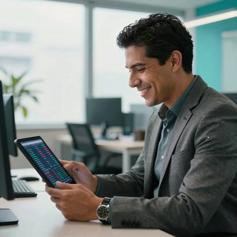 A successful professional in a modern Latinoamericano / Global Hispanohablante office smiling while looking at a tablet showing crypto price charts, natural light, vibrant teal accents.