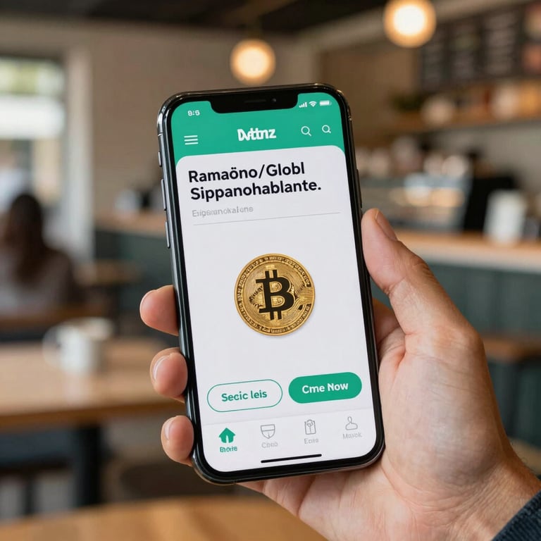 Detailed close-up of a hand holding a smartphone displaying a secure crypto wallet app, blurred background of a modern Latinoamericano / Global Hispanohablante cafe.