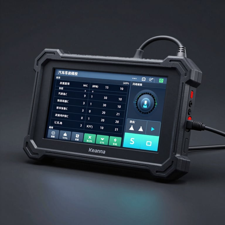 A modern automotive diagnostic scanner showing technical data, glowing screen in a dark charcoal setting.