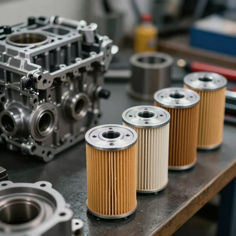 Close-up of brand-new engine parts and oil filters arranged neatly on a dark workbench.