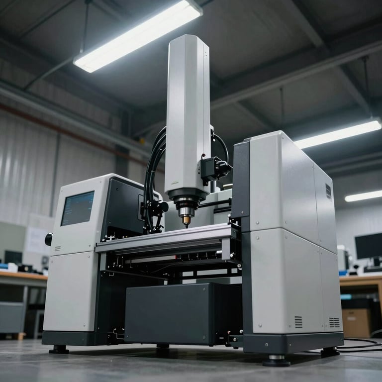 Low angle shot of the workshop's high-tech equipment under sleek LED lighting, industrial modern style.