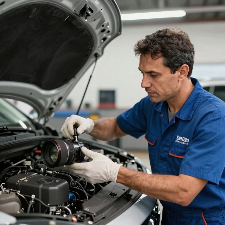 A professional mechanic in Brazil explaining a repair to a satisfied client near a modern vehicle.