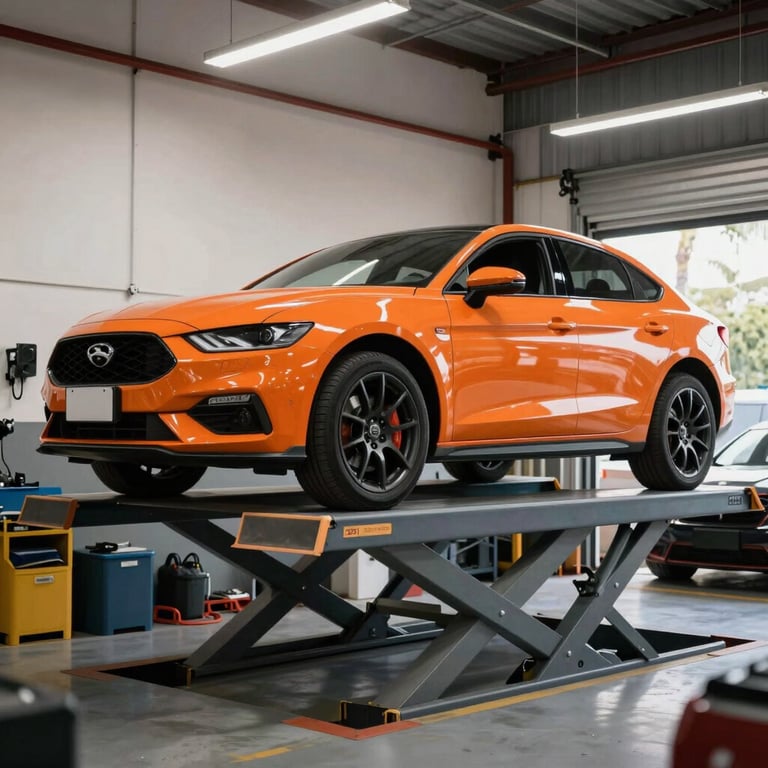 A premium car on a lift in a bright, clean South American workshop with vivid orange highlights.