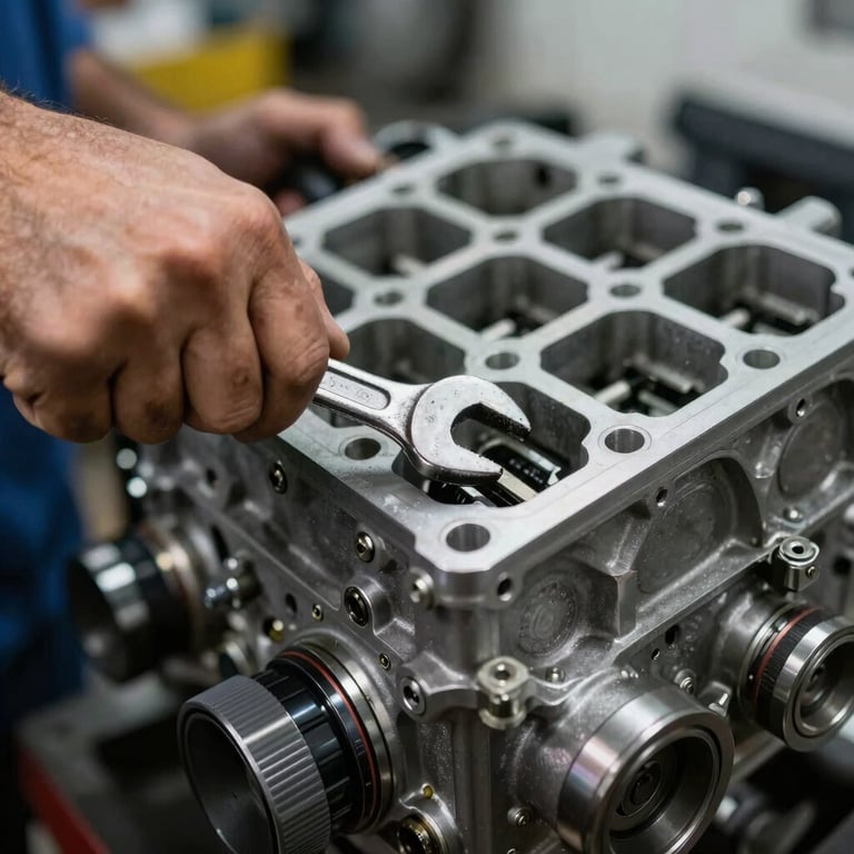 Macro shot of a mechanic's hand using a wrench on a clean engine, sharp contrast, professional workshop in Brazil.