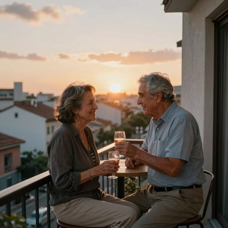 Pareja de jubilados disfrutando de un atardecer en un balcón urbano, transmitiendo plenitud y estabilidad.