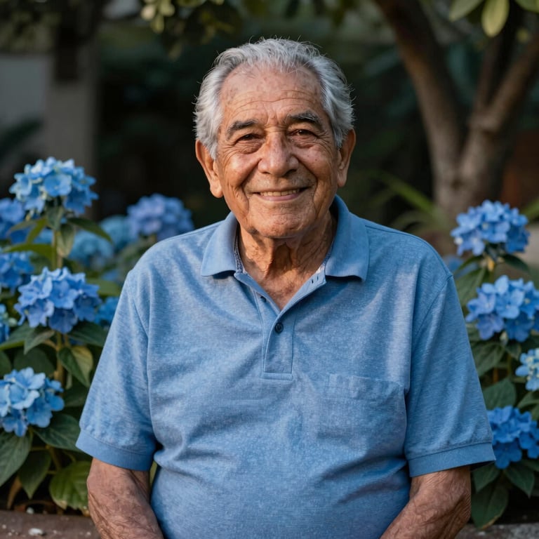 Retrato de un abuelo sonriente en su jardín con flores color azul claro, iluminación natural de tarde en Latinoamerica.