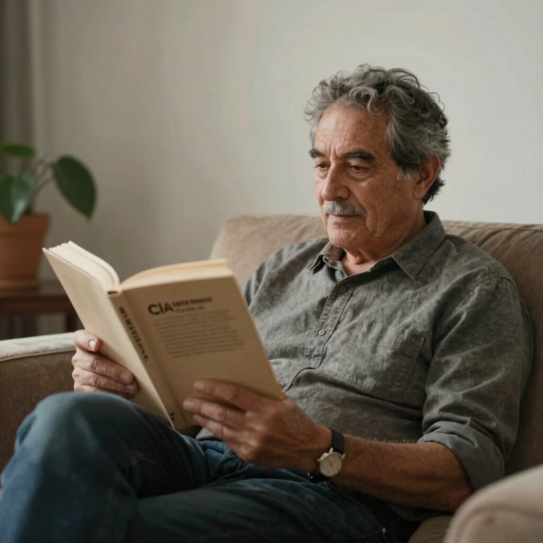 Un hombre mayor leyendo cómodamente en un sillón dentro de una sala bien iluminada y segura.