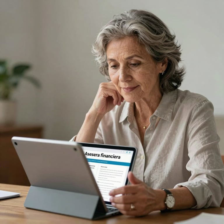 Asesora financiera mostrando información en una tableta a una mujer mayor con actitud amable y empática.