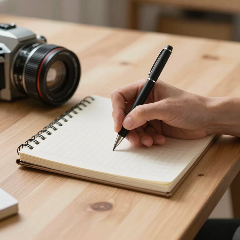 Detalle de manos escribiendo sobre una mesa de madera clara con un ambiente cálido y doméstico.