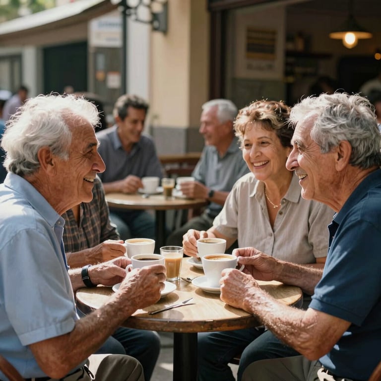 Grupo de amigos jubilados compartiendo un café en una terraza luminosa, ambiente de comunidad y alegría.