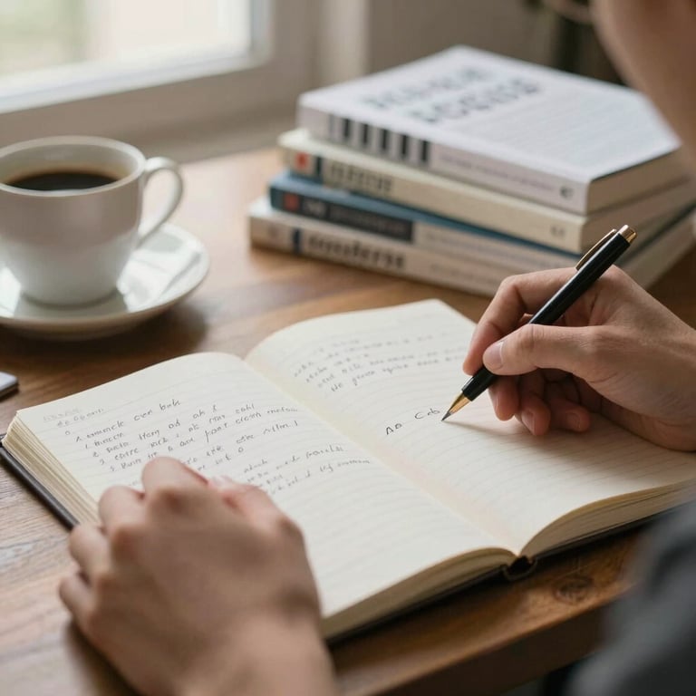Close-up environmental portrait: hands resting on an open notebook filled with handwritten annotations, a coffee cup and a stack of language reference books in soft background blur, warm natural window light from the upper left, calm and focused atmosphere