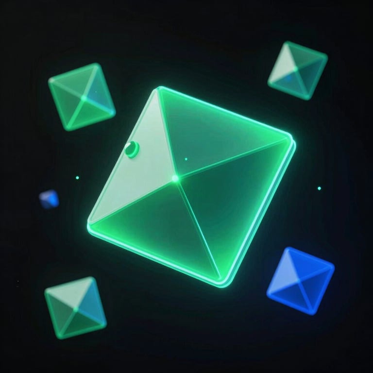 Sleek 3D render of abstract financial geometry, glowing neon emerald and electric blue data nodes floating in dark space, crisp studio lighting, dark mode aesthetic