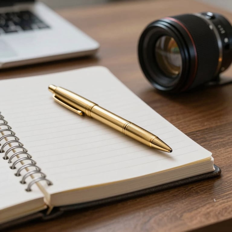 Detail of a gold-toned pen and notebook on an office desk in a Brazilian corporate setting.