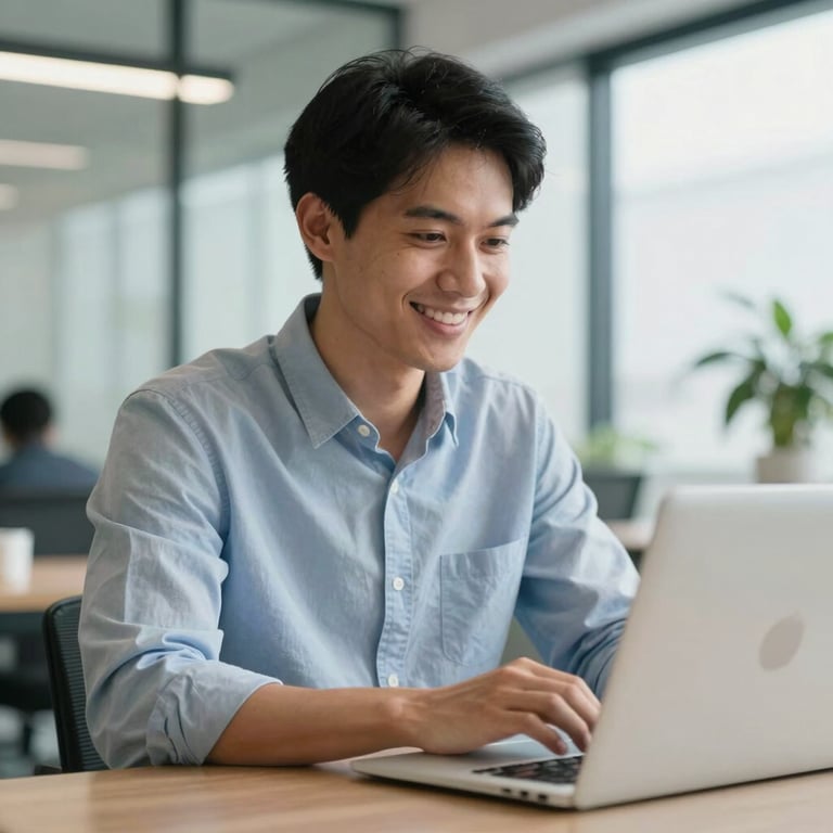 A South American professional smiling while looking at a laptop screen in a bright, modern office.