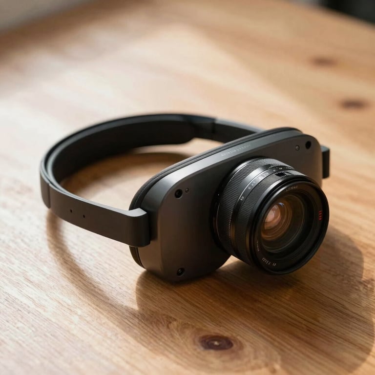 A high-tech headset resting on a polished wooden surface with warm, natural sunlight.
